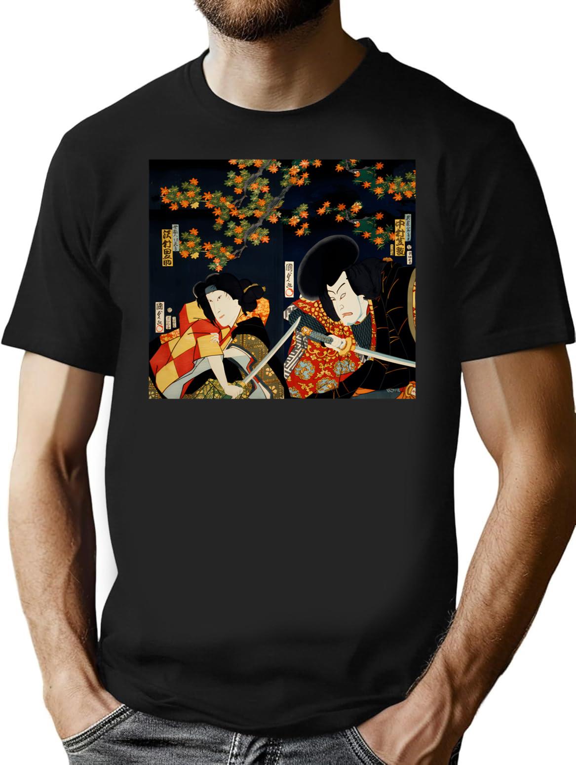 Japanese Samurai Ukiyoe Print Vintage T-Shirt for Men & Women, T-Shirts Graphic Tee - Black
