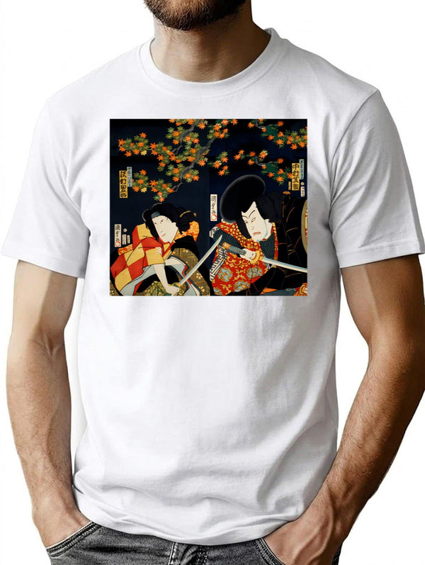 Japanese Samurai Ukiyoe Print Vintage T-Shirt for Men & Women, T-Shirts Graphic Tee - White