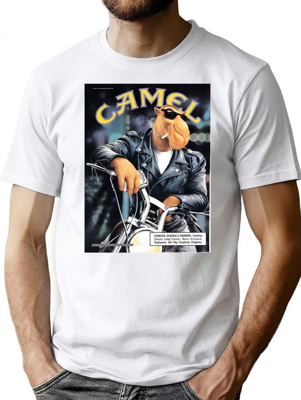 Joe Camel Motorcycle Active T-Shirt - Retro Graphic Tee for Men & Women - White