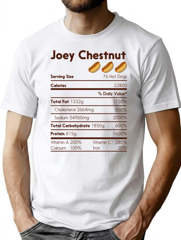 Joey Chestnut Nutrition Facts T-Shirt - Retro Graphic Tee for Men & Women - White
