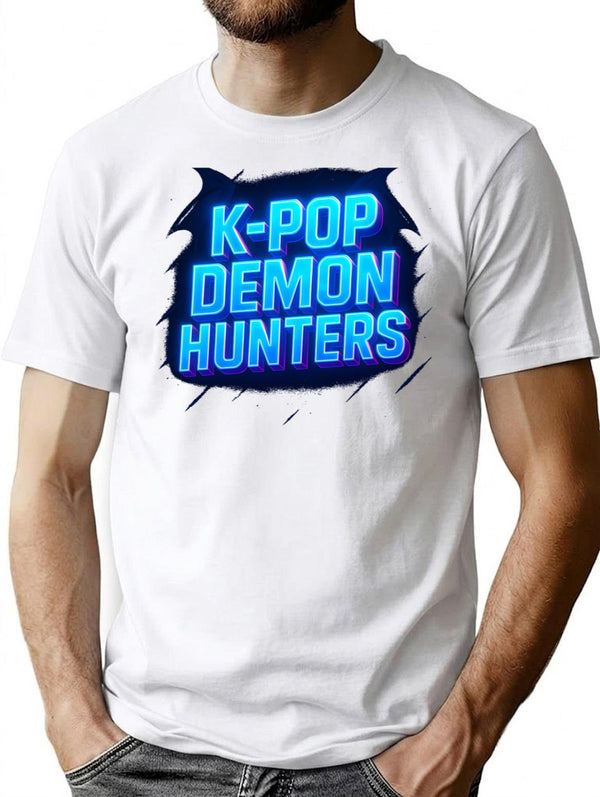 K-Pop Demon Hunters Bold Neon Typography T-Shirt for Men & Women, T-Shirts Graphic Tee - White