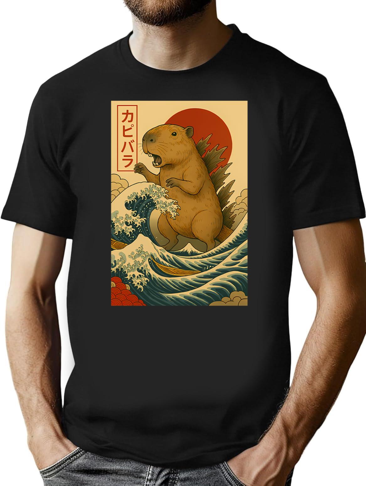 Kaiju Capybara The Wave Conqueror T-Shirt - Retro Graphic Tee for Men & Women - Black