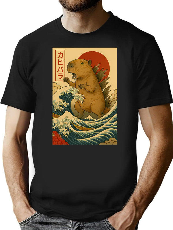 Kaiju Capybara The Wave Conqueror T-Shirt - Retro Graphic Tee for Men & Women - Black