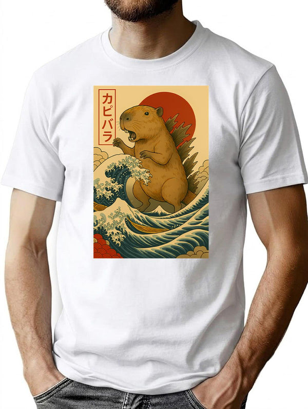 Kaiju Capybara The Wave Conqueror T-Shirt - Retro Graphic Tee for Men & Women - White