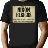 Nixon Resigns Newspaper Headline Bootleg Graphic T-Shirt - Black