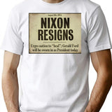 Nixon Resigns Newspaper Headline Bootleg Graphic T-Shirt - White