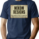 Nixon Resigns Newspaper Headline Bootleg Graphic T-Shirt - Navy