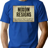 Nixon Resigns Newspaper Headline Bootleg Graphic T-Shirt - Blue
