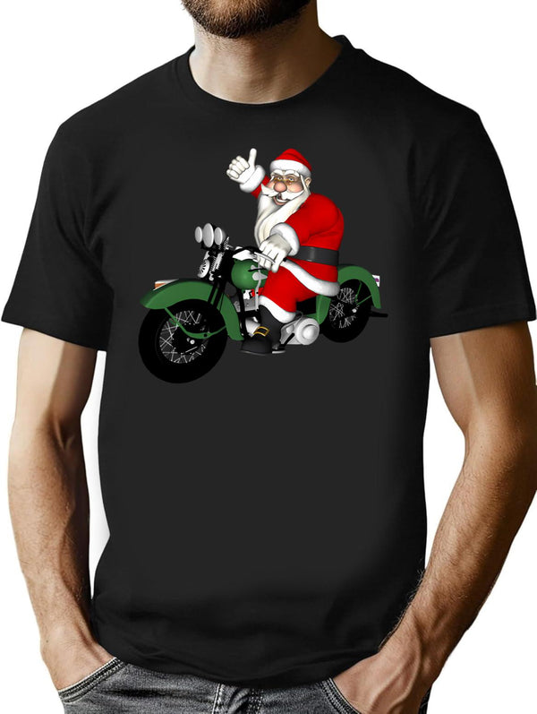 Vintage Bike Santa Claus T-Shirt - Retro Graphic Casual Tee - Black
