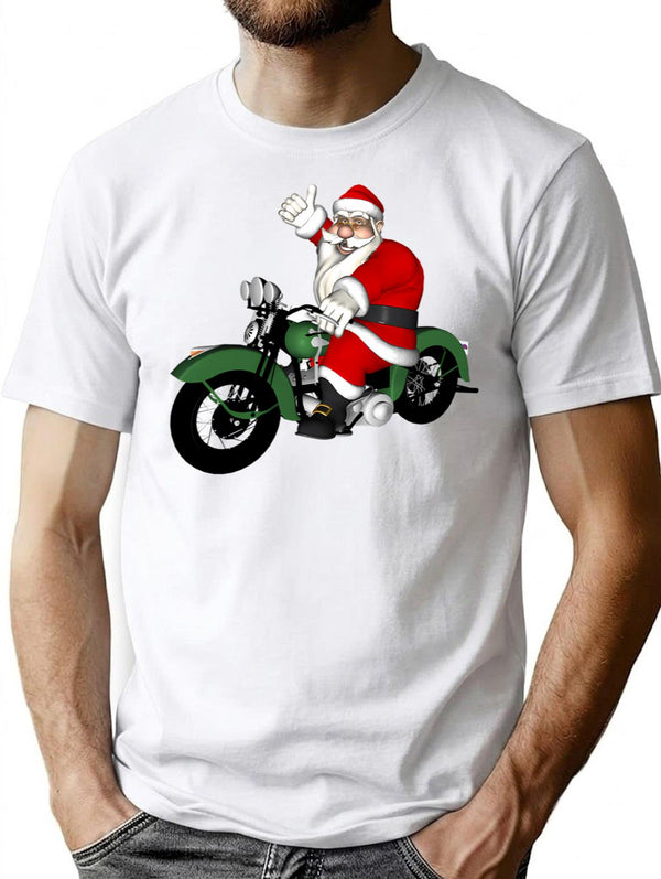 Vintage Bike Santa Claus T-Shirt - Retro Graphic Casual Tee - White