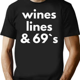 Wines Lines 69s T-Shirt - Retro Graphic Tee for Men & Women - Black