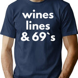 Wines Lines 69s T-Shirt - Retro Graphic Tee for Men & Women - Navy