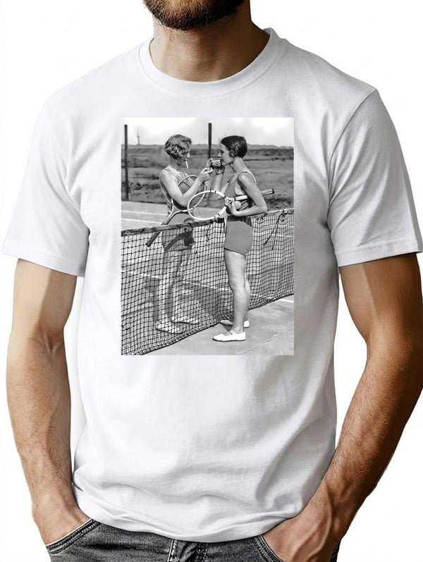 Women Tennis Players Cigarette Break Vintage Black And White Art T-Shirt - White