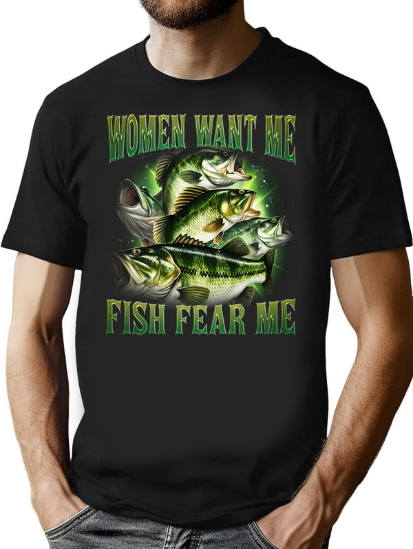 Women Want Me Fish Fear Me Vintage T-shirt Retro Bass Fisher Shirt Meme T Shirt Weird T Shirt Fisher Tee Bass Lovers Fisher Gifts - Black