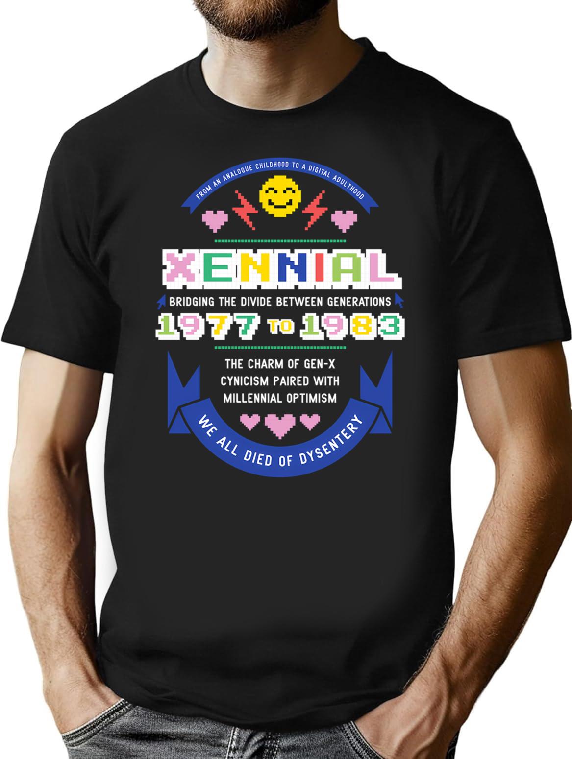 Xennial Crest T-Shirt - Retro Graphic Tee for Men & Women - Black
