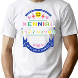 Xennial Crest T-Shirt - Retro Graphic Tee for Men & Women - White