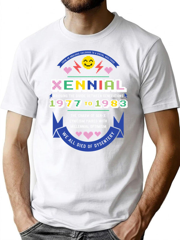 Xennial Crest T-Shirt - Retro Graphic Tee for Men & Women - White