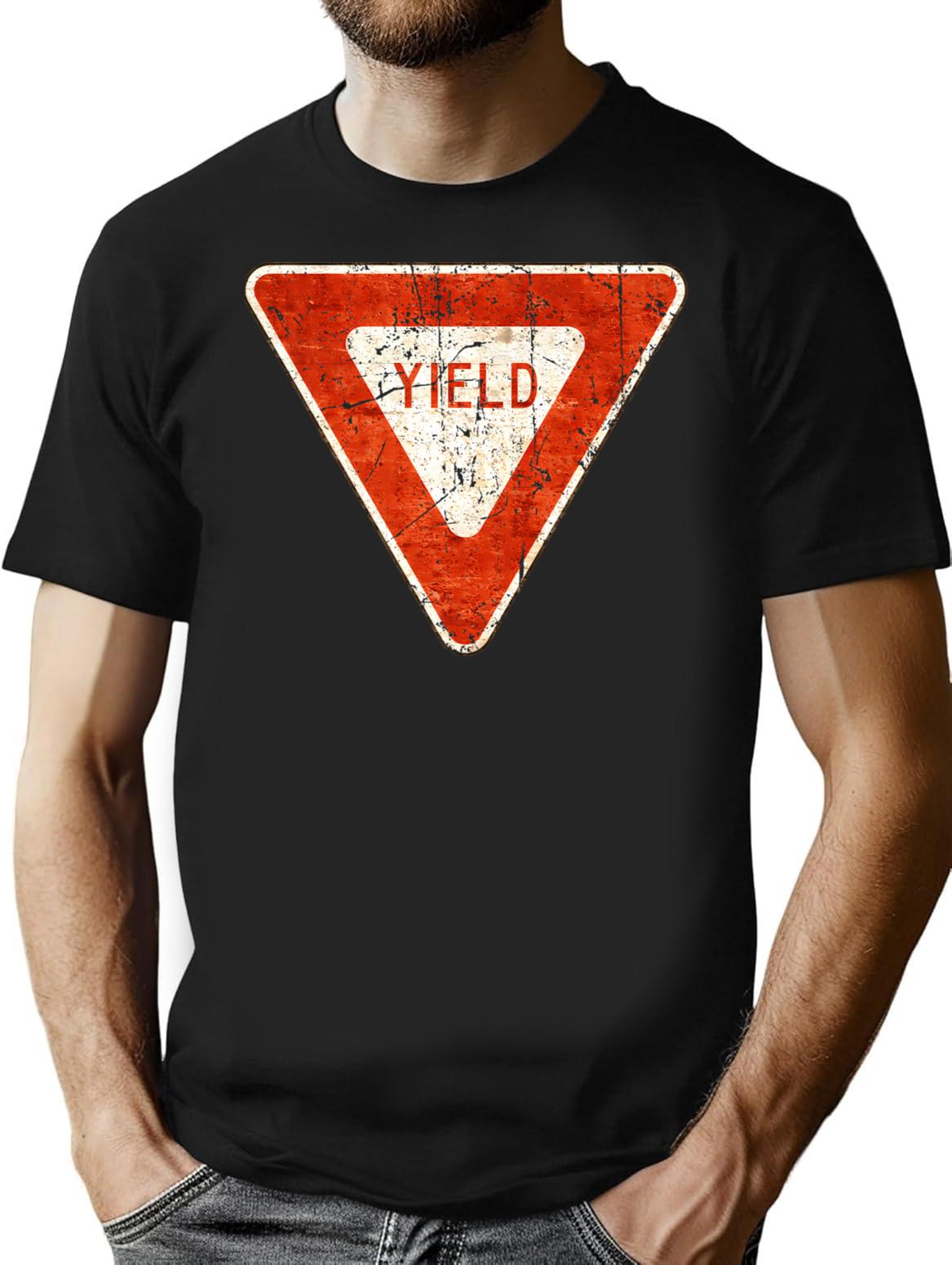 Yield Street Sign Vintage Gift T-Shirt - Retro Graphic Casual Tee - Black