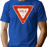 Yield Street Sign Vintage Gift T-Shirt - Retro Graphic Casual Tee - Blue